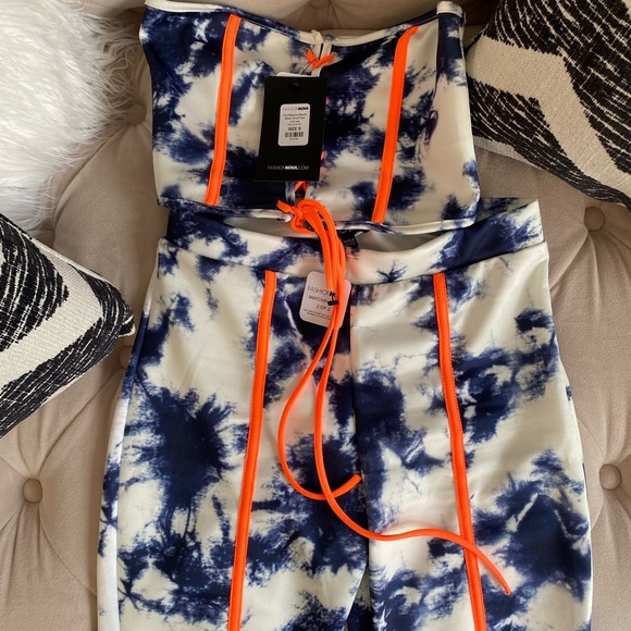 Fashion Nova Confidence Boost Blue Tie Dye Biker Shorts Set with Orange Tassels - Picture 7 of 12
